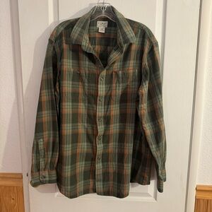 L.L. Bean Green and Orange Plaid Button Down Shirt